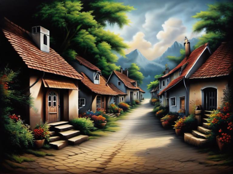 Airbrush Art,Airbrush Art, Village, village, no humans, scenery, sky, cloud, tree, outdoors, stairs, house