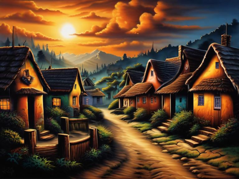 Airbrush Art,Airbrush Art, Village, village, no humans, scenery, cloud, house, sky, sunset, tree, outdoors