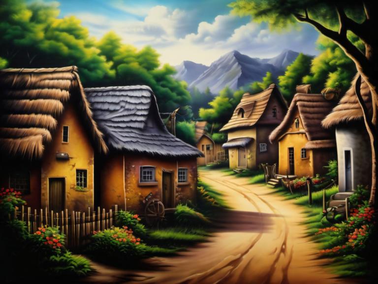 Airbrush Art,Airbrush Art, Village, village, no humans, tree, scenery, house, sky, outdoors, cloud, flower