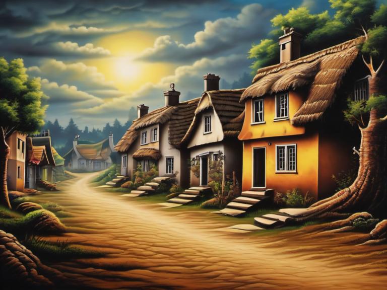 Airbrush Art,Airbrush Art, Village, village, no humans, cloud, tree, scenery, sky, outdoors, house, grass