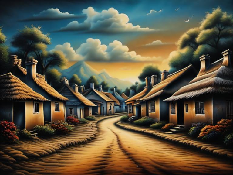 Airbrush-Art,Airbrush-Art, Dorf, Dorf, keine Menschen, Landschaft, Baum, Himmel, Wolke, draußen, Haus, Vogel