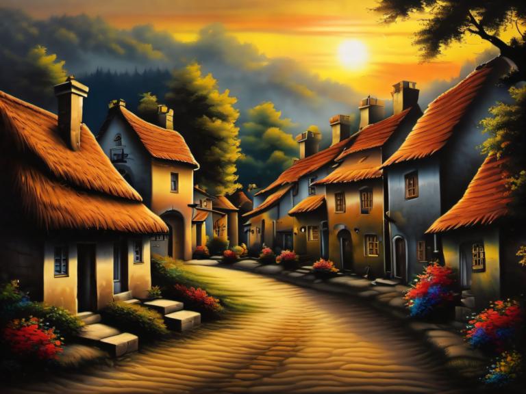 Airbrush Art,Airbrush Art, Village, village, no humans, scenery, tree, cloud, sky, sunset, outdoors, house