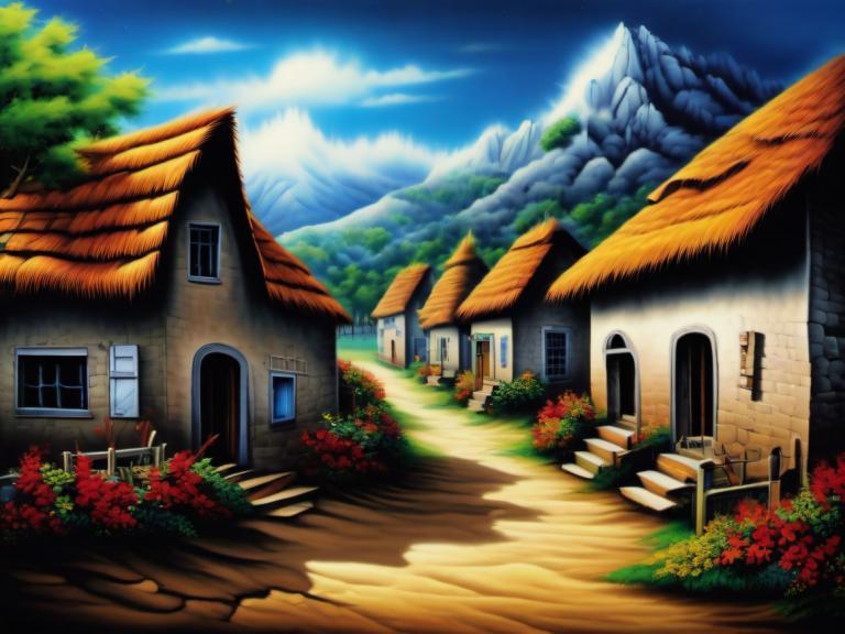 Airbrush Art,Airbrush Art, Village, village, no humans, scenery, sky, tree, house, cloud, outdoors, flower