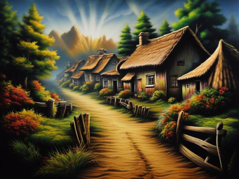 Airbrush Art,Airbrush Art, Village, village, no humans, tree, scenery, outdoors, house, grass, nature, sky