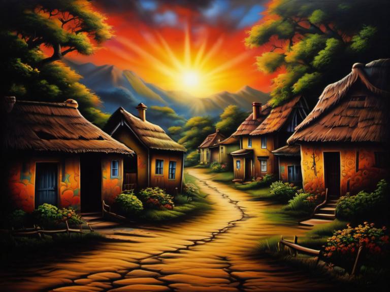 Airbrush Art,Airbrush Art, Village, village, no humans, scenery, tree, house, outdoors, sky, mountain, sunset