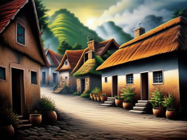 Airbrush Art,Airbrush Art, Village, village, no humans, scenery, plant, cloud, sky, outdoors, window, stairs