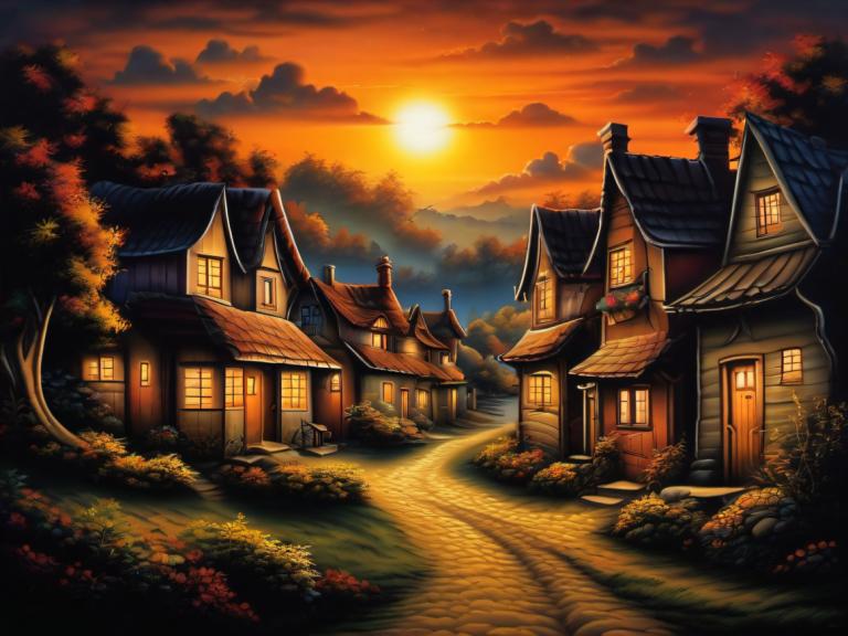 Airbrush-Art,Airbrush-Art, Dorf, Dorf, keine Menschen, Landschaft, Sonnenuntergang, Wolke, Haus, Baum, Himmel