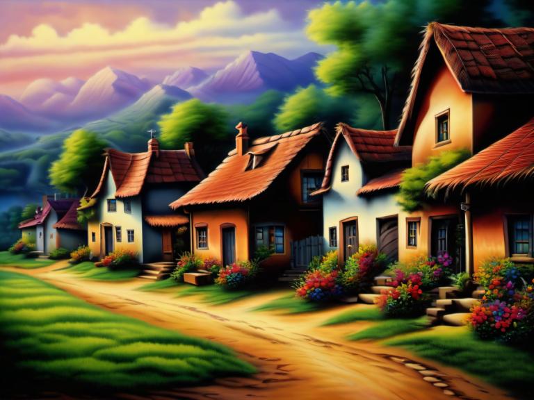 Airbrush Art,Airbrush Art, Village, village, scenery, no humans, house, tree, outdoors, flower, cloud, sky