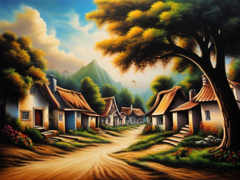 Airbrush Art,Airbrush Art, Village, village, no humans, tree, house, sky, scenery, outdoors, cloud, flower