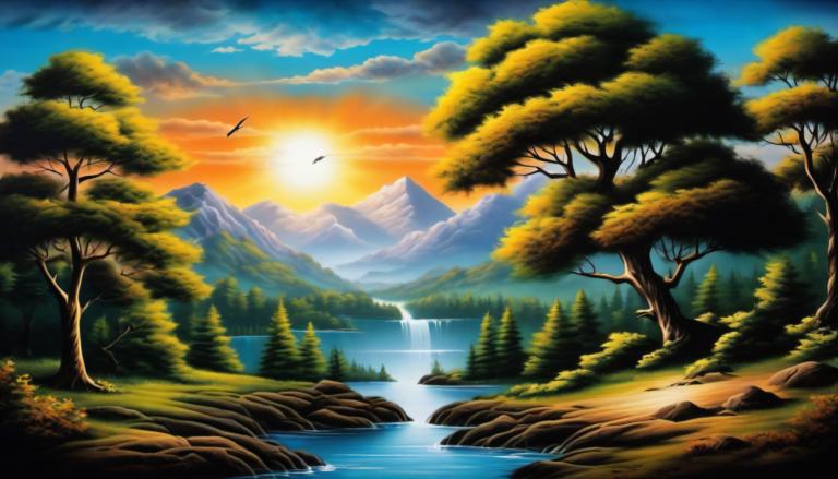 Airbrush Art,Airbrush Art, Nature, landscape, no humans, scenery, tree, nature, waterfall, sky, outdoors