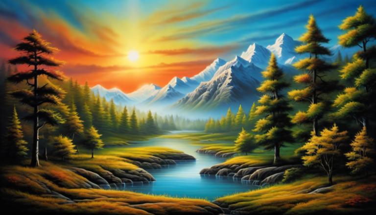 Airbrush Art,Airbrush Art, Nature, landscape, no humans, scenery, tree, outdoors, mountain, nature, sky, sun