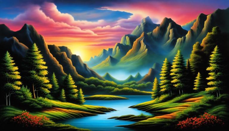 Airbrush-Art,Airbrush-Art, Natur, Landschaft, keine Menschen, Landschaft, Berg, Baum, Natur, Wolke, Himmel