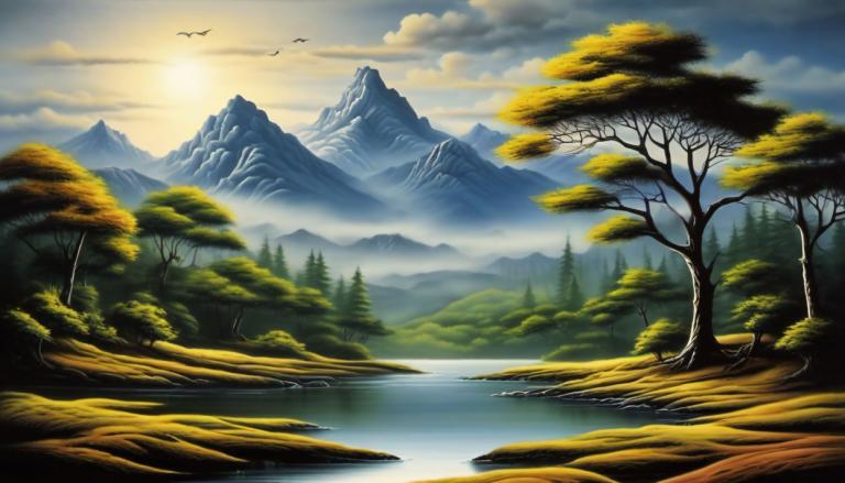 Airbrush-Art,Airbrush-Art, Natur, Landschaft, keine Menschen, Landschaft, Baum, Berg, Wolke, Himmel, draußen