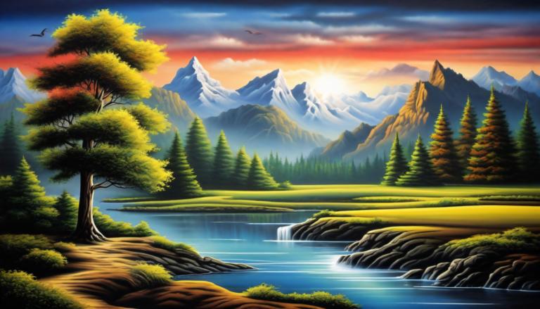 Airbrush-Art,Airbrush-Art, Natur, Landschaft, keine Menschen, Landschaft, Baum, Berg, Natur, draußen, Himmel