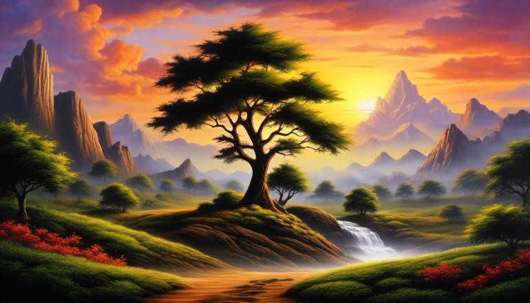 Airbrush Art,Airbrush Art, Nature, landscape, no humans, scenery, waterfall, tree, cloud, outdoors, mountain