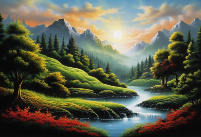 Airbrush Art,Airbrush Art, Nature, landscape, no humans, scenery, tree, cloud, nature, outdoors, mountain