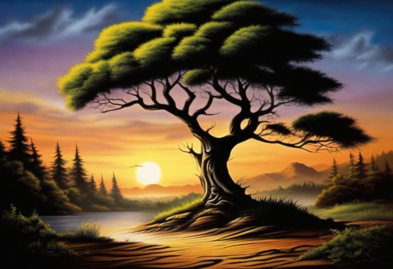 Airbrush Art,Airbrush Art, Nature, landscape, no humans, tree, scenery, sky, outdoors, nature, sunset, cloud