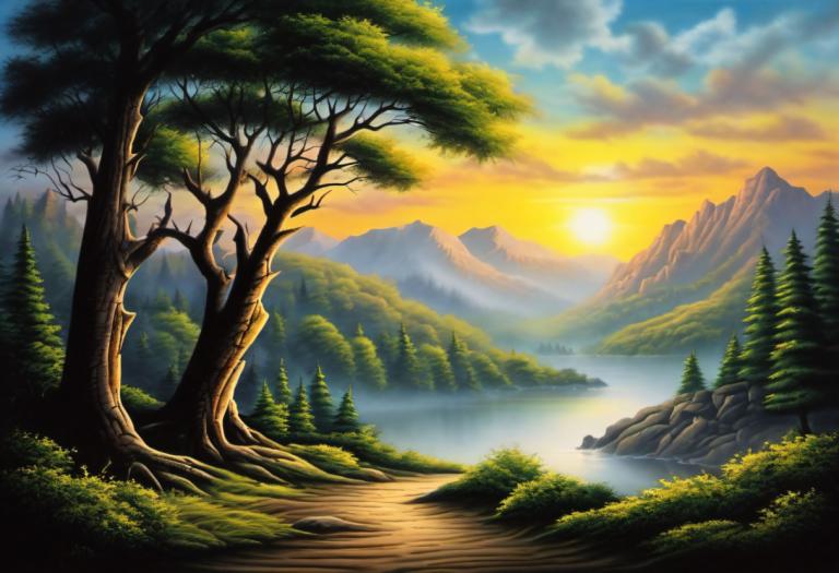 Airbrush-kunst,Airbrush-kunst, Natuur, landschap, geen mensen, landschap, boom, wolk, lucht, berg