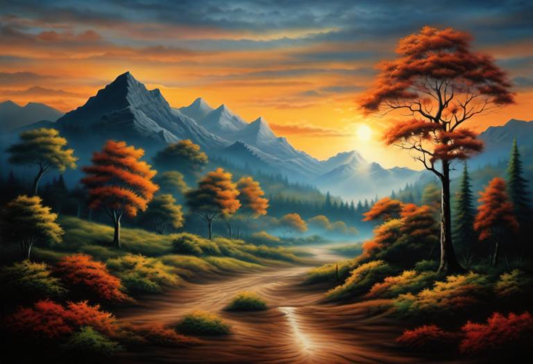 Airbrush Art,Airbrush Art, Nature, landscape, no humans, scenery, tree, mountain, cloud, sky, outdoors