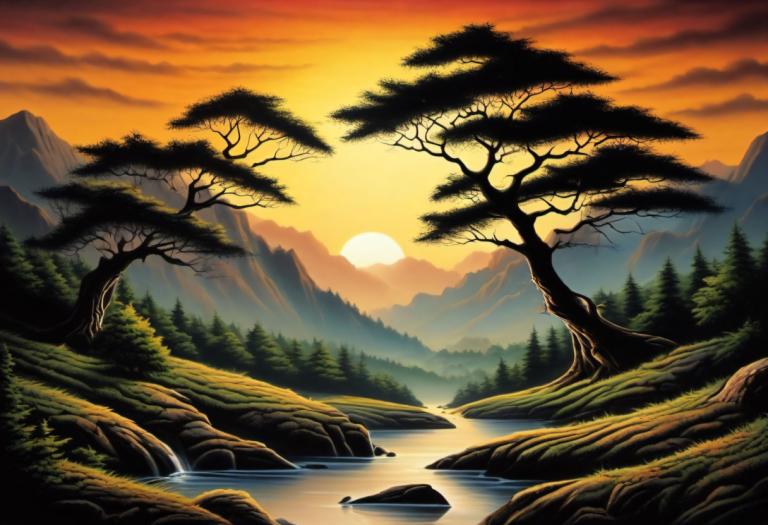 Airbrush Art,Airbrush Art, Nature, landscape, no humans, tree, scenery, nature, outdoors, sunset, sky