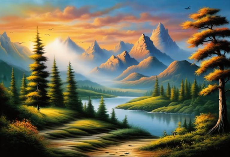 Airbrush Art,Airbrush Art, Natur, landskap, landskap, inga människor, träd, fjäll, utomhus, natur, himmel