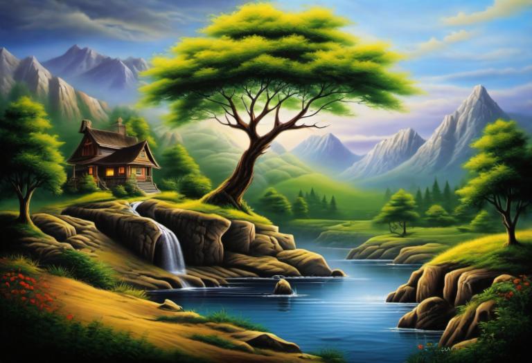 Airbrush Art,Airbrush Art, Nature, landscape, no humans, scenery, tree, outdoors, cloud, sky, mountain, water