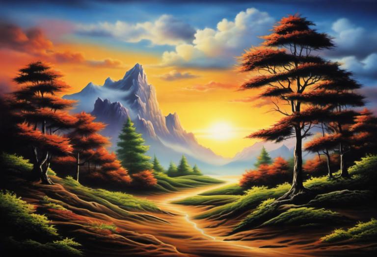 Airbrush Art,Airbrush Art, Nature, landscape, no humans, scenery, tree, cloud, sky, outdoors, mountain