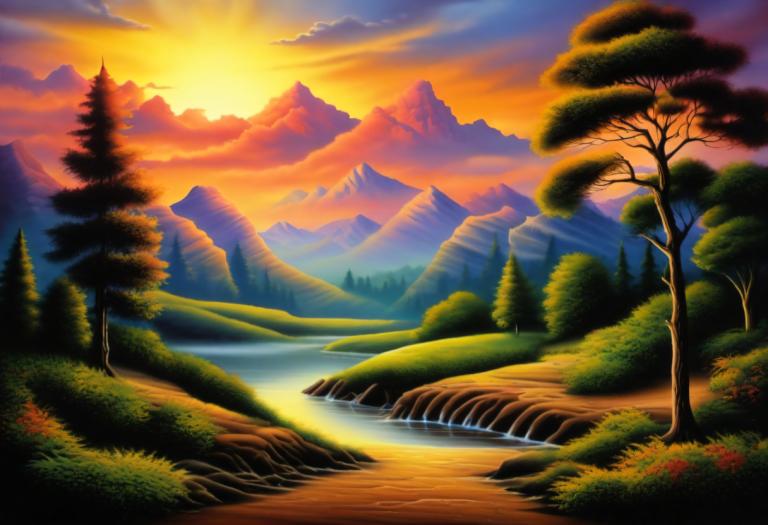 Airbrush Art,Airbrush Art, Nature, landscape, no humans, tree, scenery, outdoors, mountain, sunset, cloud