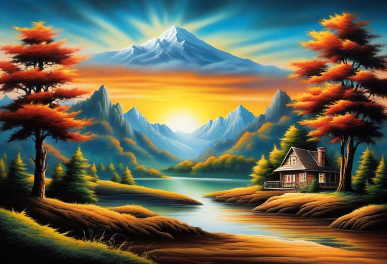 Airbrush Art,Airbrush Art, Nature, landscape, no humans, scenery, tree, mountain, house, outdoors, nature