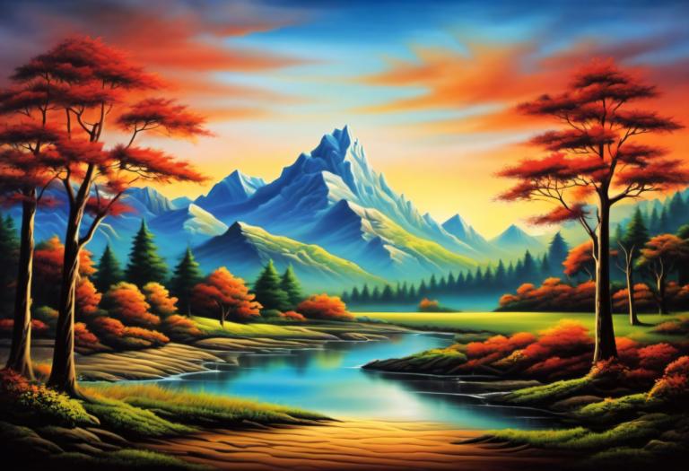 Airbrush Art,Airbrush Art, Nature, landscape, no humans, scenery, tree, outdoors, mountain, nature, sky, lake