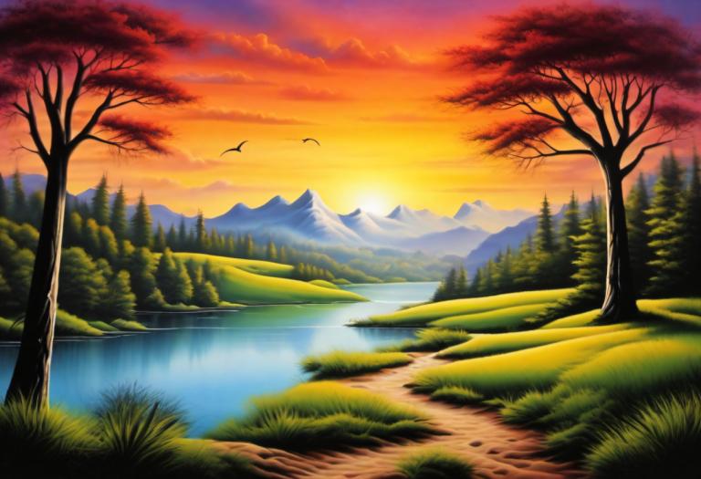 Airbrush Art,Airbrush Art, Nature, landscape, no humans, scenery, tree, outdoors, nature, sky, sunset, cloud