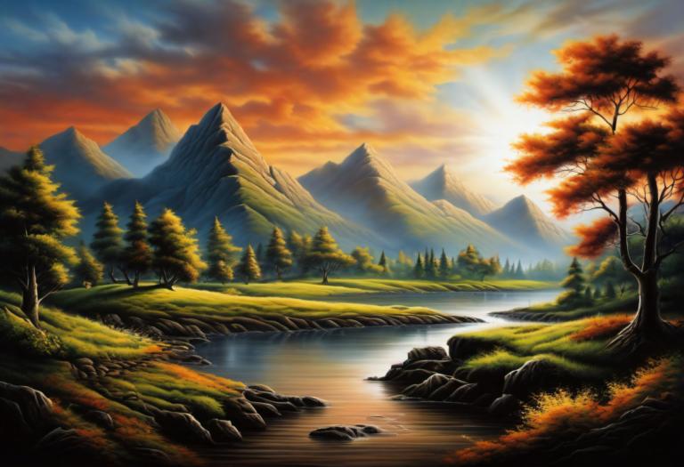 Airbrush Art,Airbrush Art, Nature, landscape, no humans, scenery, tree, cloud, sky, outdoors, mountain