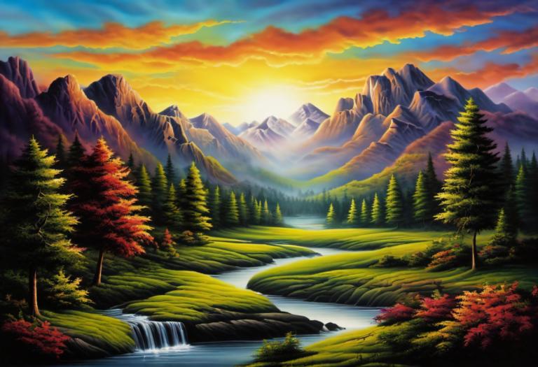 Airbrush Art,Airbrush Art, Nature, landscape, no humans, scenery, nature, tree, mountain, outdoors, cloud