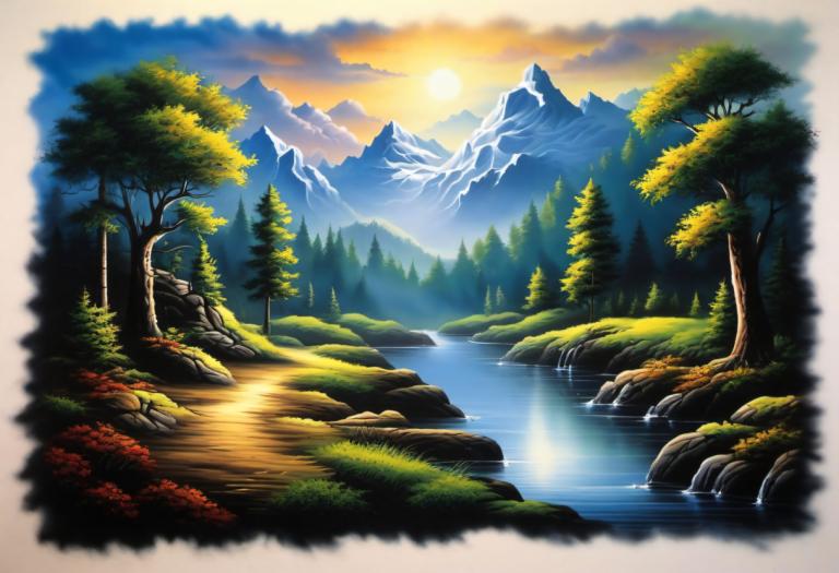 Airbrush Art,Airbrush Art, Nature, landscape, no humans, tree, scenery, mountain, nature, outdoors, sky