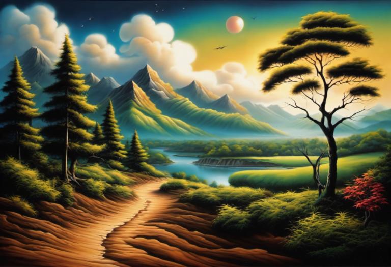 Airbrush-Art,Airbrush-Art, Natur, Landschaft, Landschaft, keine Menschen, Baum, Himmel, Wolke, Berg, draußen