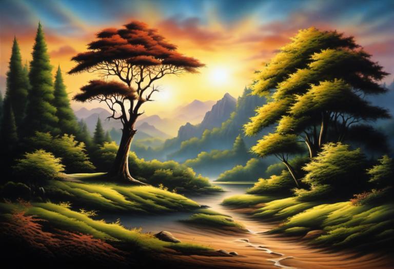 Airbrush Art,Airbrush Art, Nature, landscape, no humans, tree, scenery, outdoors, nature, sky, mountain