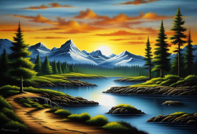 Airbrush-Art,Airbrush-Art, Natur, Landschaft, keine Menschen, Landschaft, Baum, draußen, Wolke, Berg, Himmel