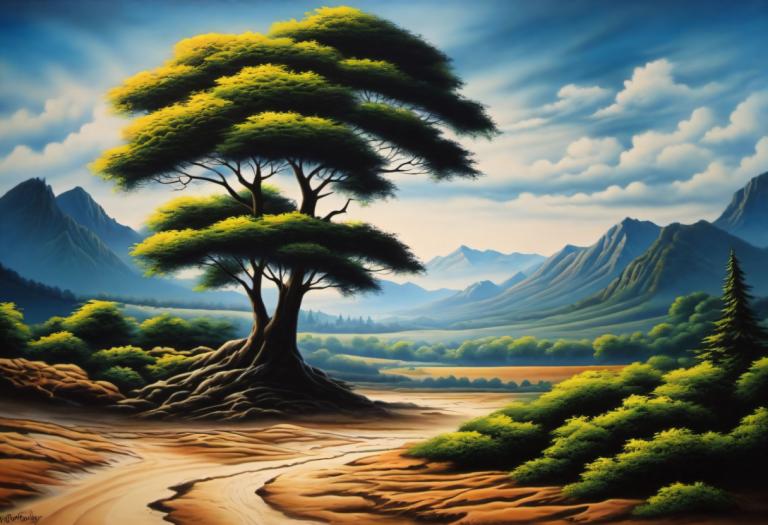 Airbrush-Art,Airbrush-Art, Natur, Landschaft, keine Menschen, Landschaft, Baum, Himmel, draußen, Wolke, Berg