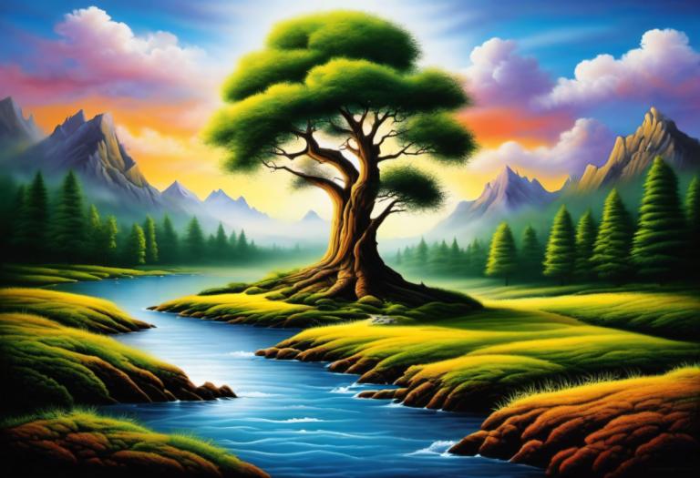 Airbrush-Art,Airbrush-Art, Natur, Landschaft, keine Menschen, Landschaft, Baum, Wolke, draußen, Himmel, Natur