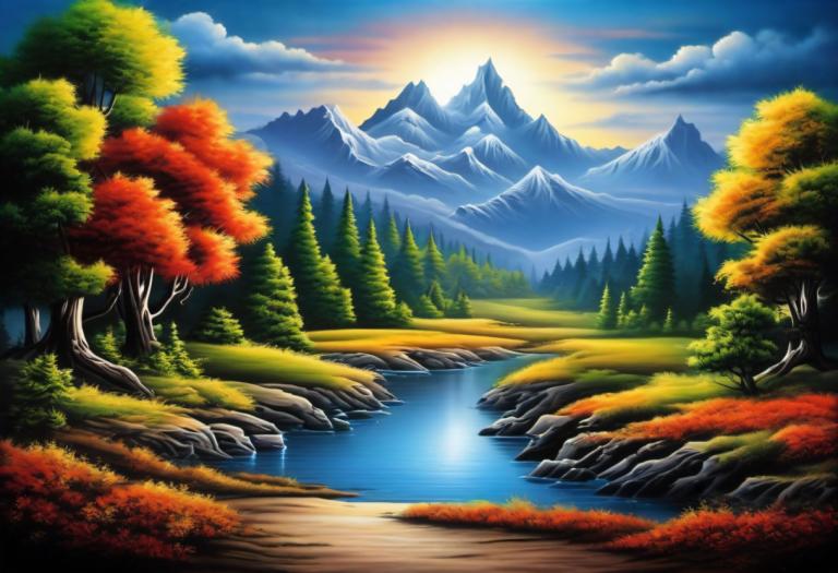 Airbrush Art,Airbrush Art, Nature, landscape, no humans, scenery, tree, mountain, cloud, outdoors, nature