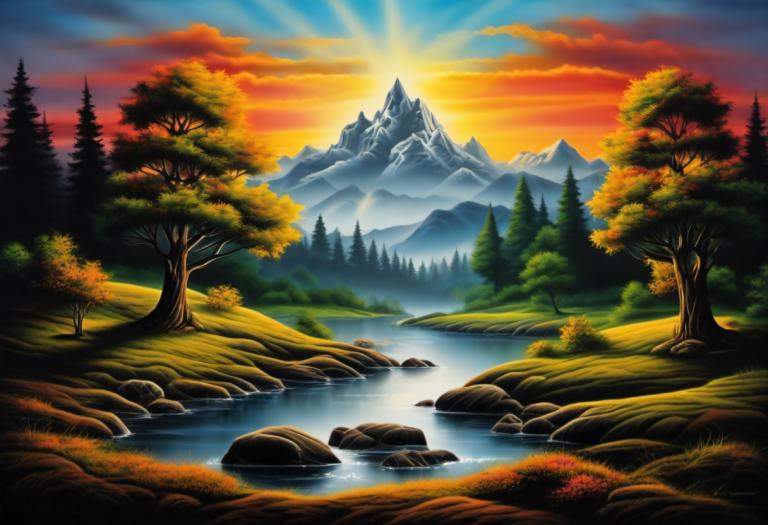 Airbrush Art,Airbrush Art, Nature, landscape, no humans, tree, scenery, nature, outdoors, mountain, forest