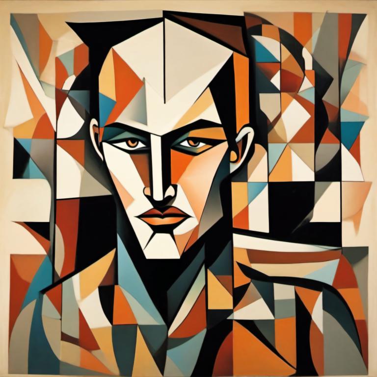 Cubism,Cubism, People, man, male focus, 1boy, solo, looking at viewer, brown eyes, black hair, makeup