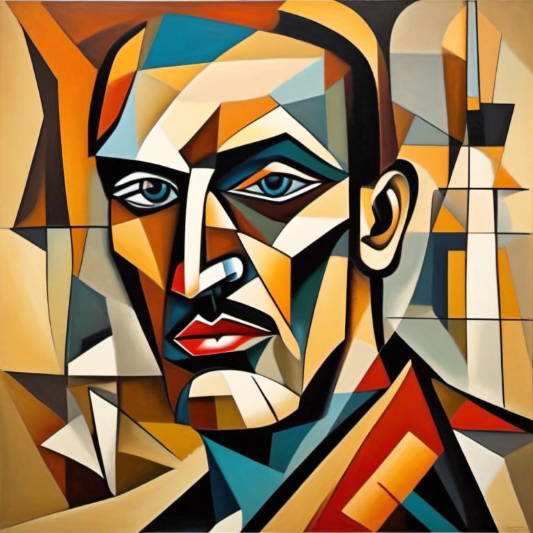 Cubism,Cubism, People, man, solo, blue eyes, mecha, robot, 1boy, no humans, looking at viewer, makeup