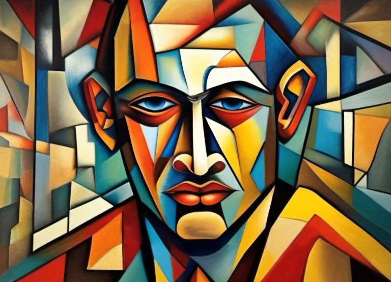 Cubism,Cubism, People, man, solo, blue eyes, looking at viewer, robot, 1boy, male focus, mecha, no humans