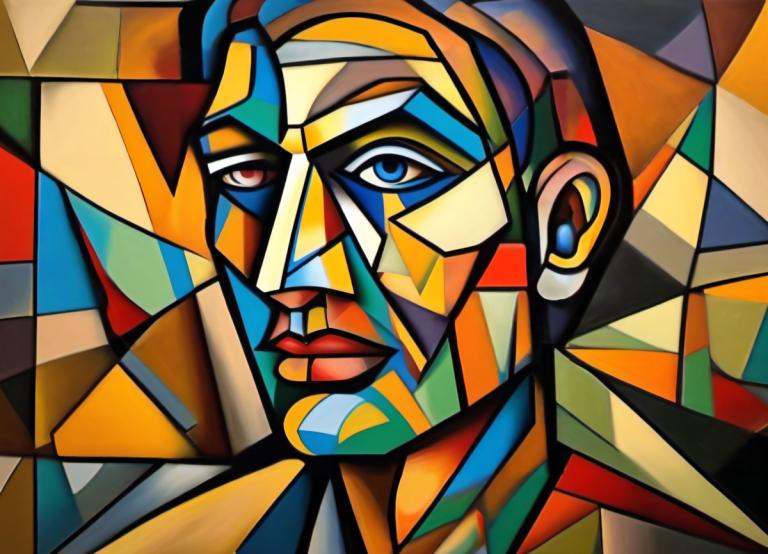 Cubism,Cubism, People, man, solo, 1boy, male focus, blue eyes, looking at viewer, heterochromia, portrait