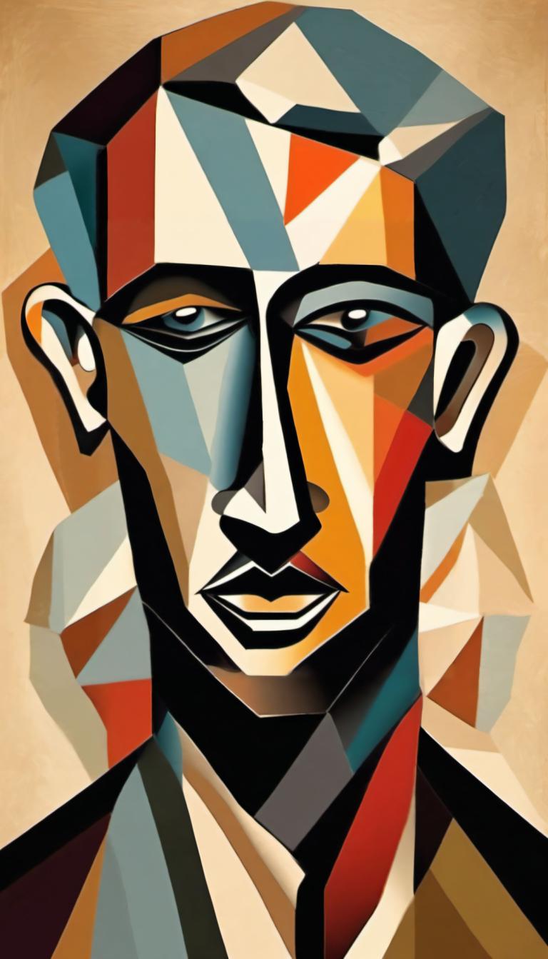 Cubism,Cubism, People, man, solo, 1boy, male focus, looking at viewer, portrait, makeup