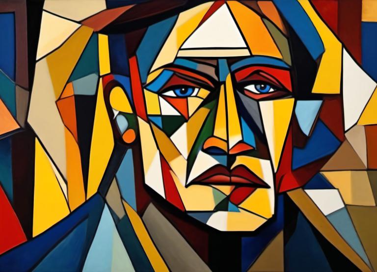 Cubism,Cubism, People, man, solo, mecha, blue eyes, no humans, robot, looking at viewer, 1boy, style parody