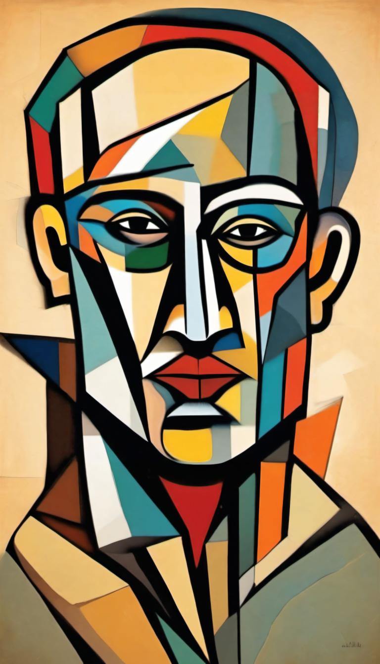 Cubism,Cubism, People, man, solo, 1boy, male focus, facial hair, clown, looking at viewer, style parody