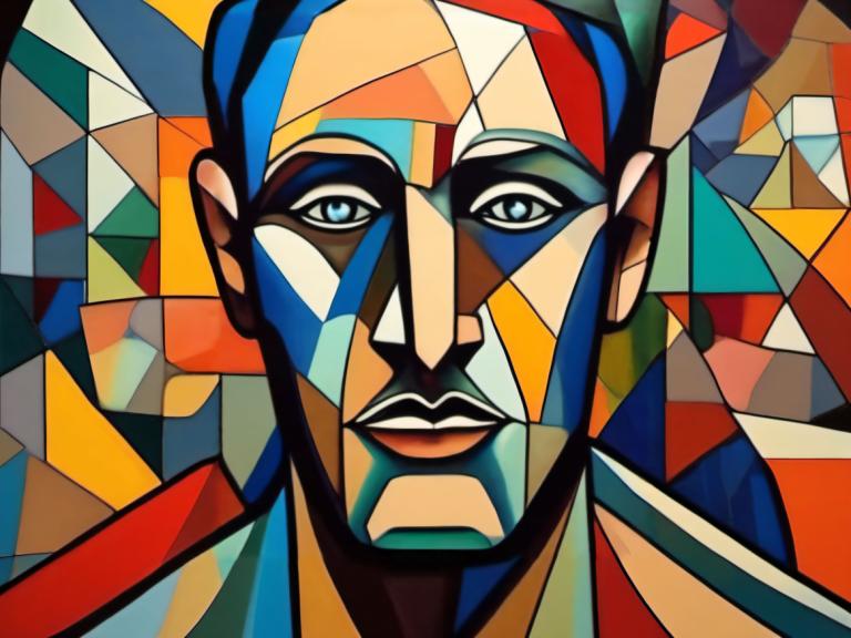 Cubism,Cubism, People, man, solo, 1boy, male focus, clown, looking at viewer, colorful, blue eyes, makeup