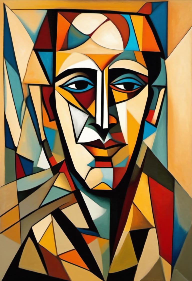 Cubism,Cubism, People, man, mecha, robot, no humans, solo, looking at viewer, blue eyes, science fiction